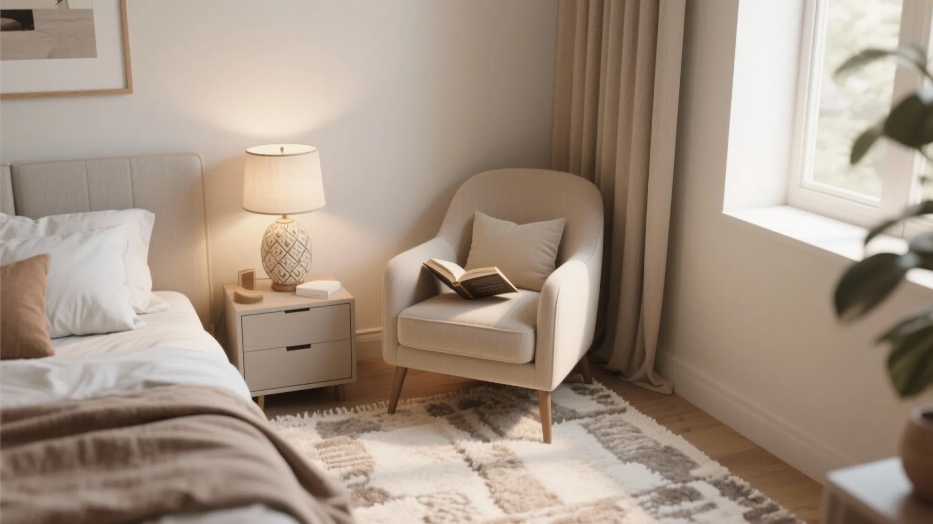 Cozy reading corner with beige armchair lamp on nightstand patterned rug and sunlight from the window