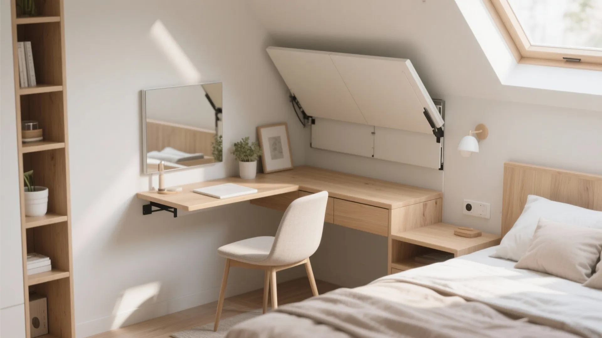 Fold-down desk serving as a vanity in a small bedroom