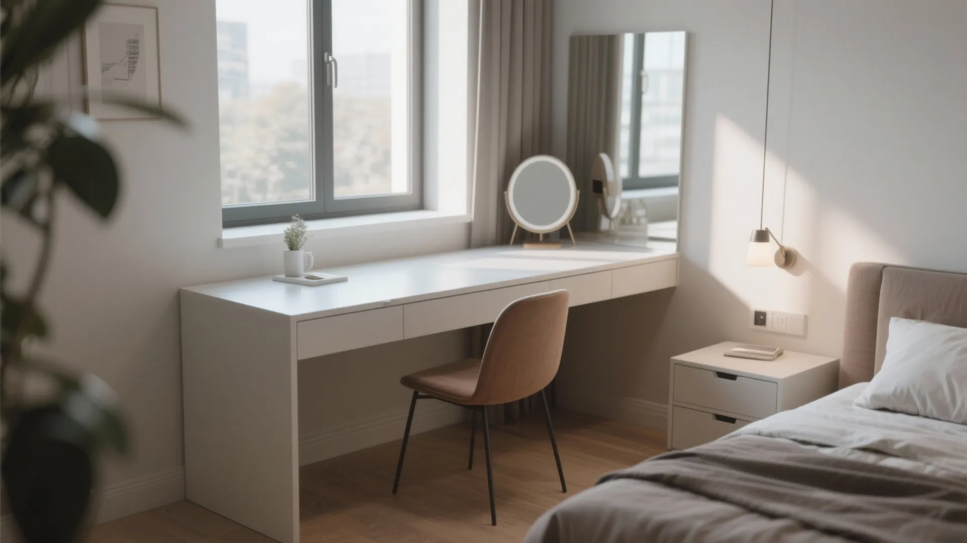 Minimalist white desk with brown chair next to a large window in a bright bedroom
