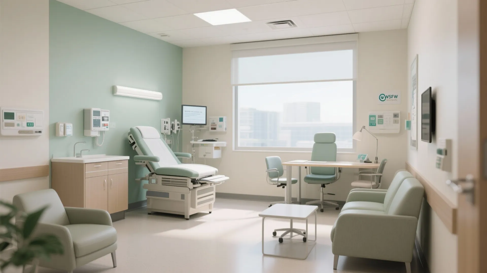 Medical exam room with green walls featuring an adjustable bed desk sofa and large bright window