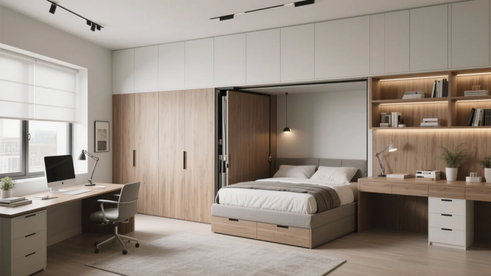 Multi-use room with Murphy bed and integrated home office desk and shelving.