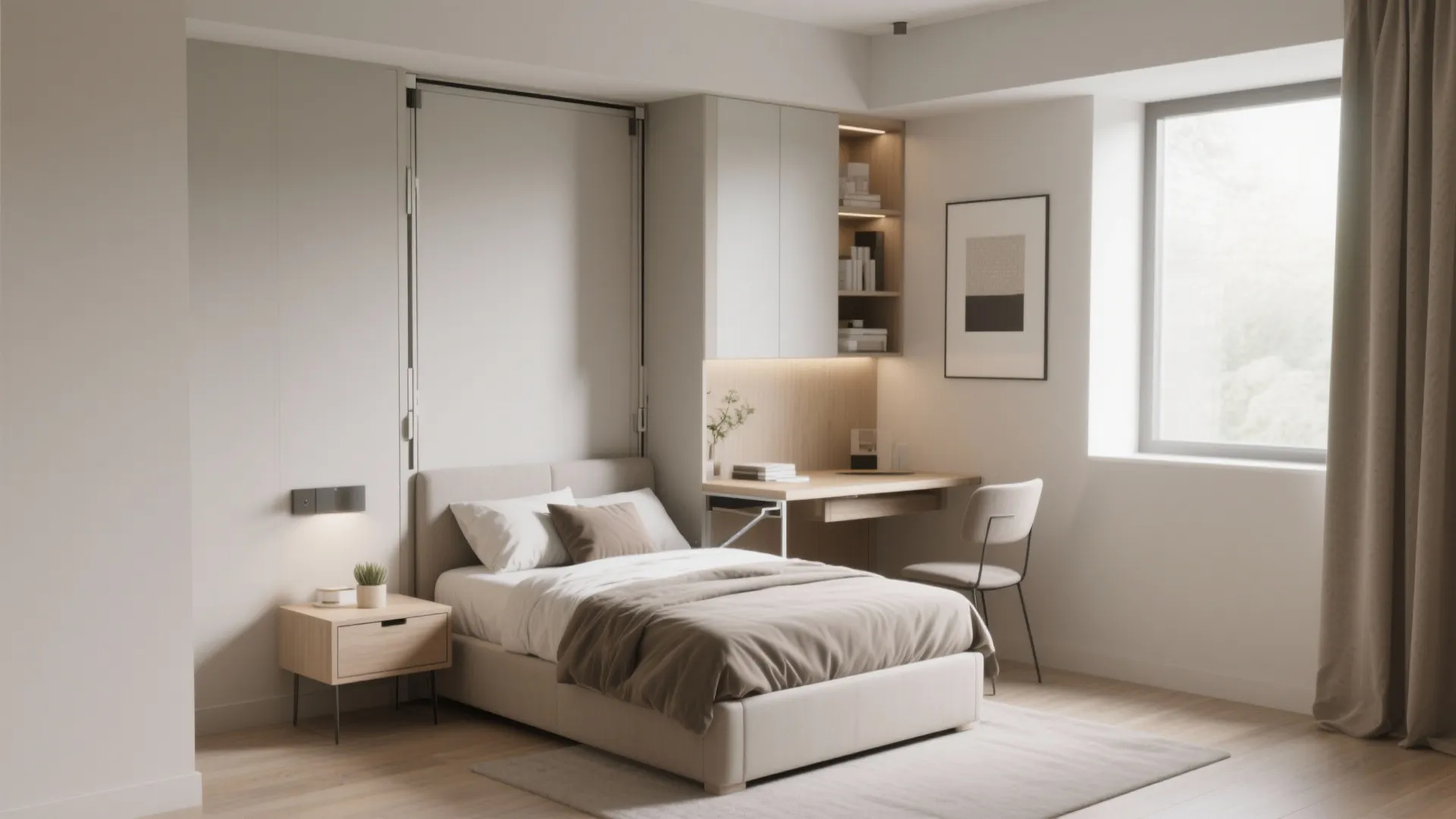 Minimalist bedroom showing a wall bed system next to a wooden desk and grey office chair