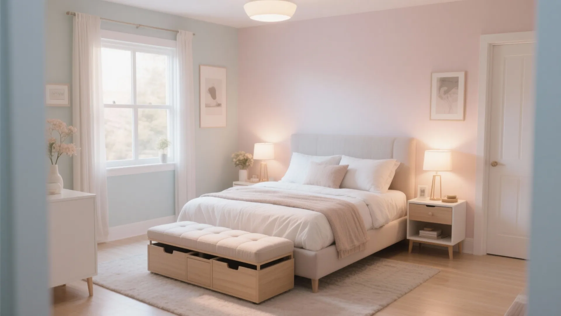 Bright bedroom with soft pink walls and wooden footrest featuring drawers at the bed end