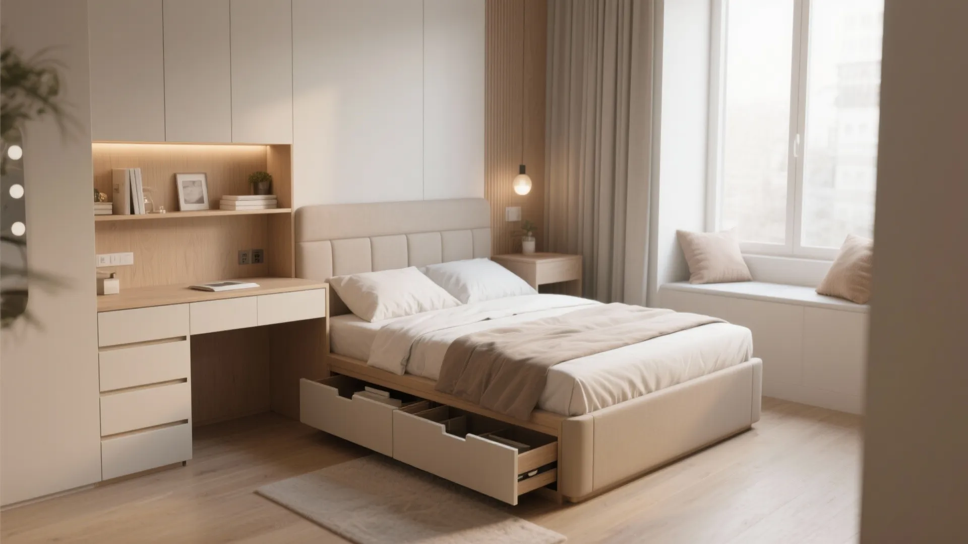 Modern bedroom with storage bed and open drawers, integrated desk, white cabinets, and window seat