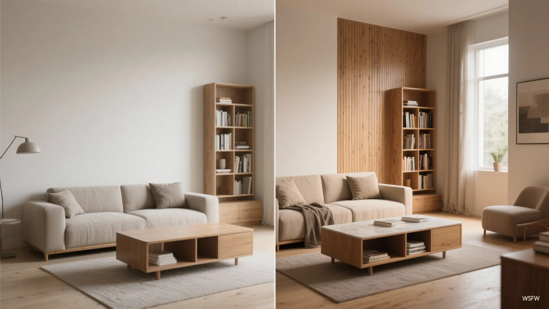 Before and after interior design drawing showing a living room with added wooden wall panel decor