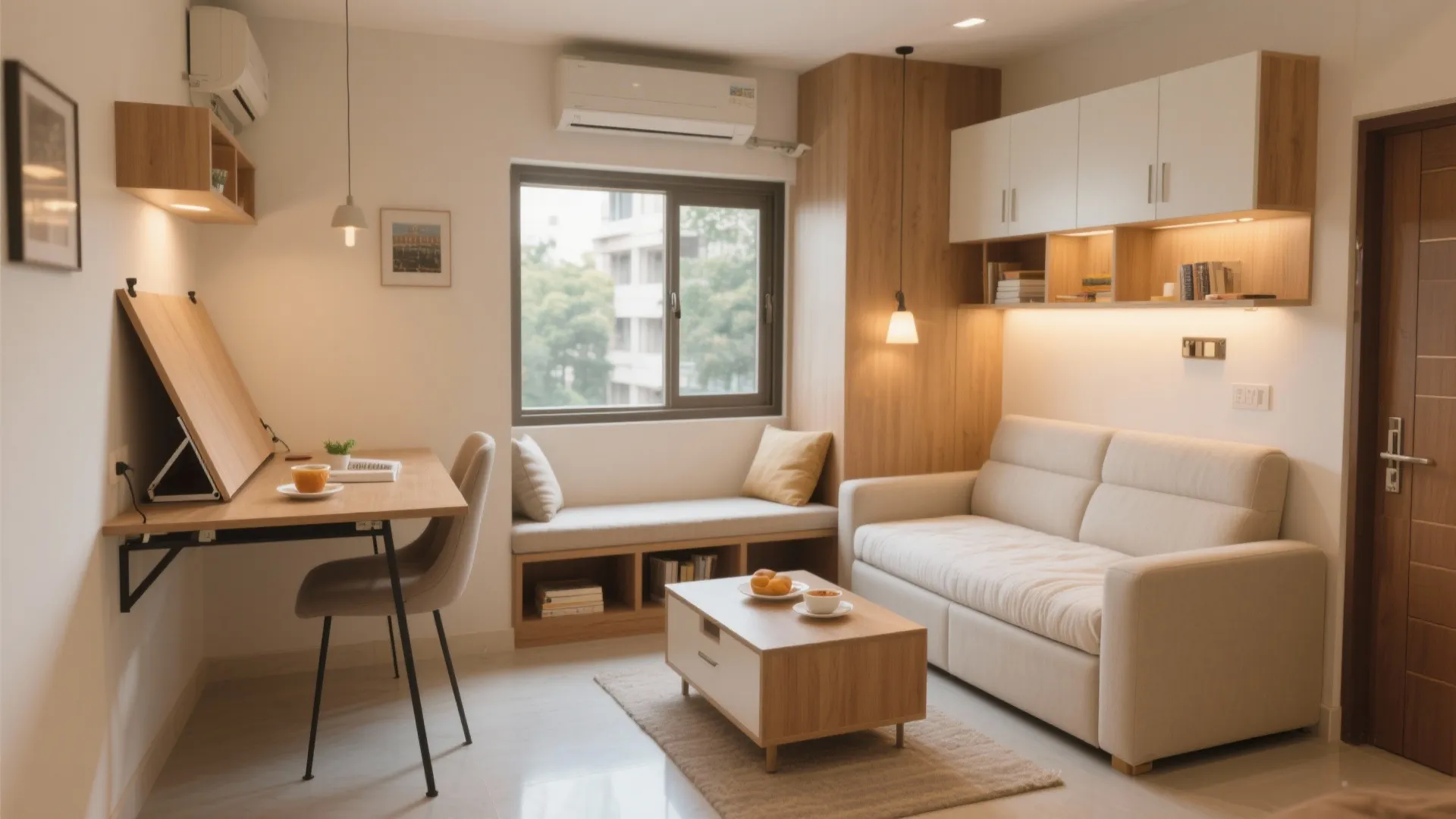 Small living room with folding desk cream sofa wooden coffee table and window seat with storage
