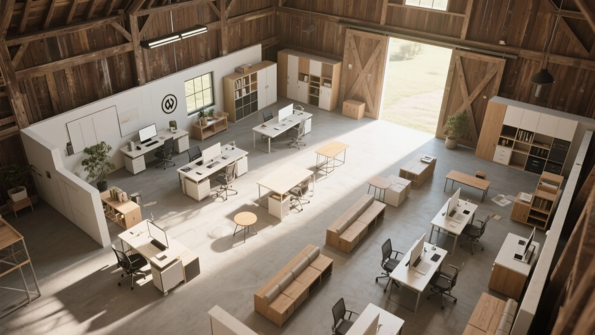 Spacious barn converted into a modern office with wooden beams several desks and white cabinets