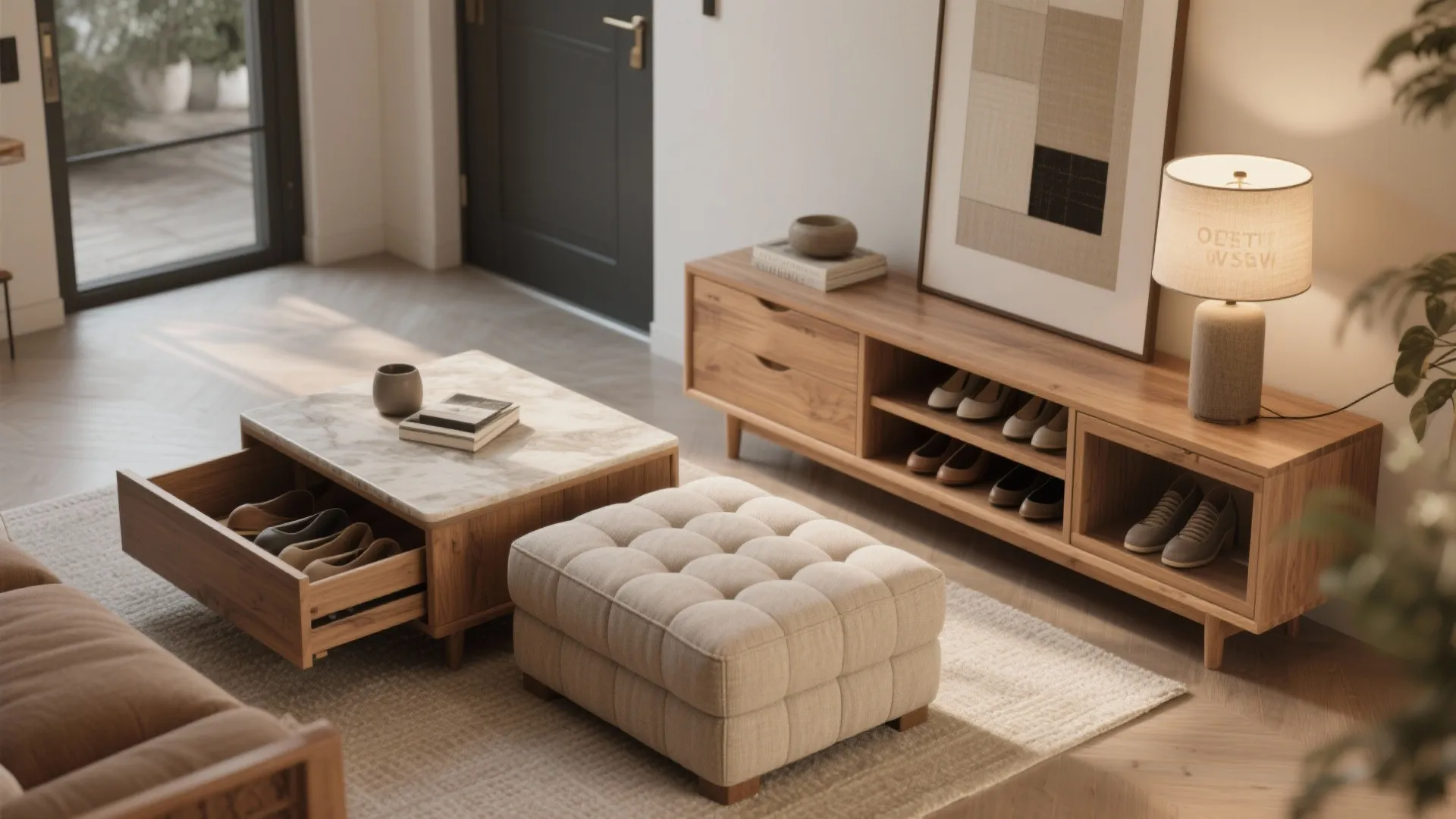 Flatlay showing multi-purpose ottoman and console with storage