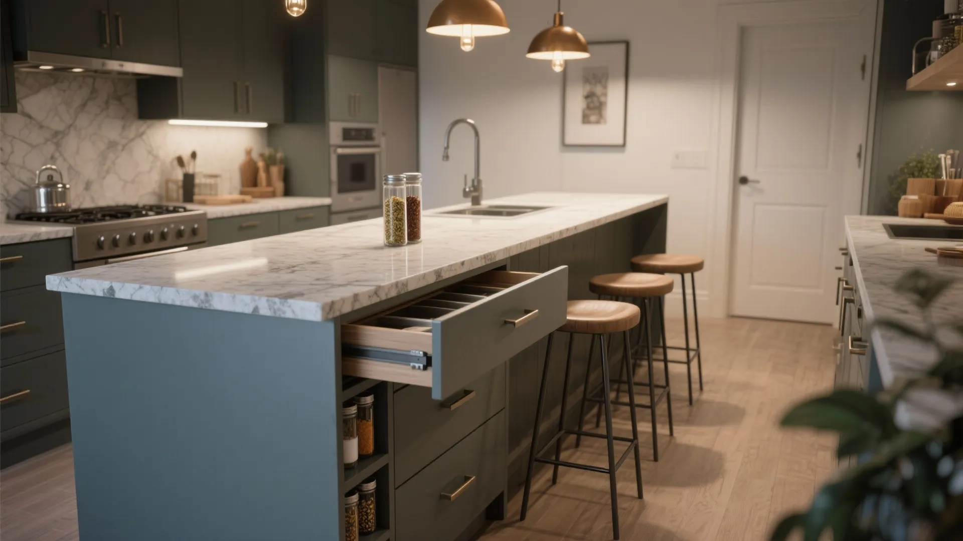 4. Multi-use island with tucked seating