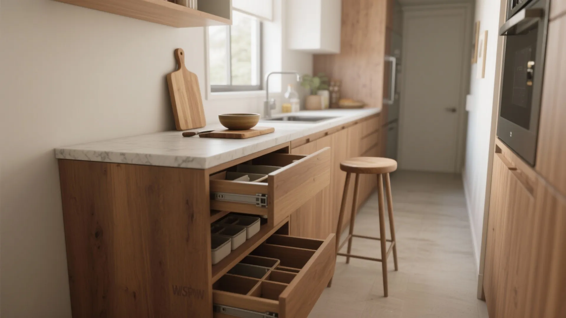 1. A multi-use island that doubles as dining and storage