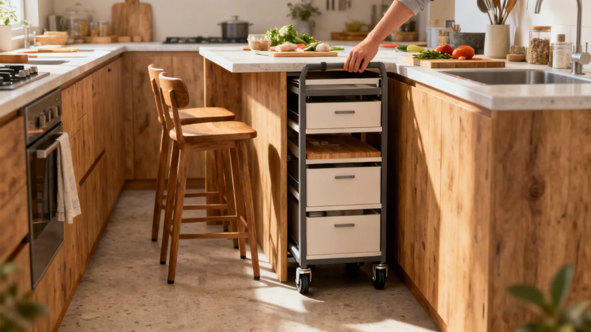 Narrow multi-use kitchen island on casters providing prep surface, seating, and storage