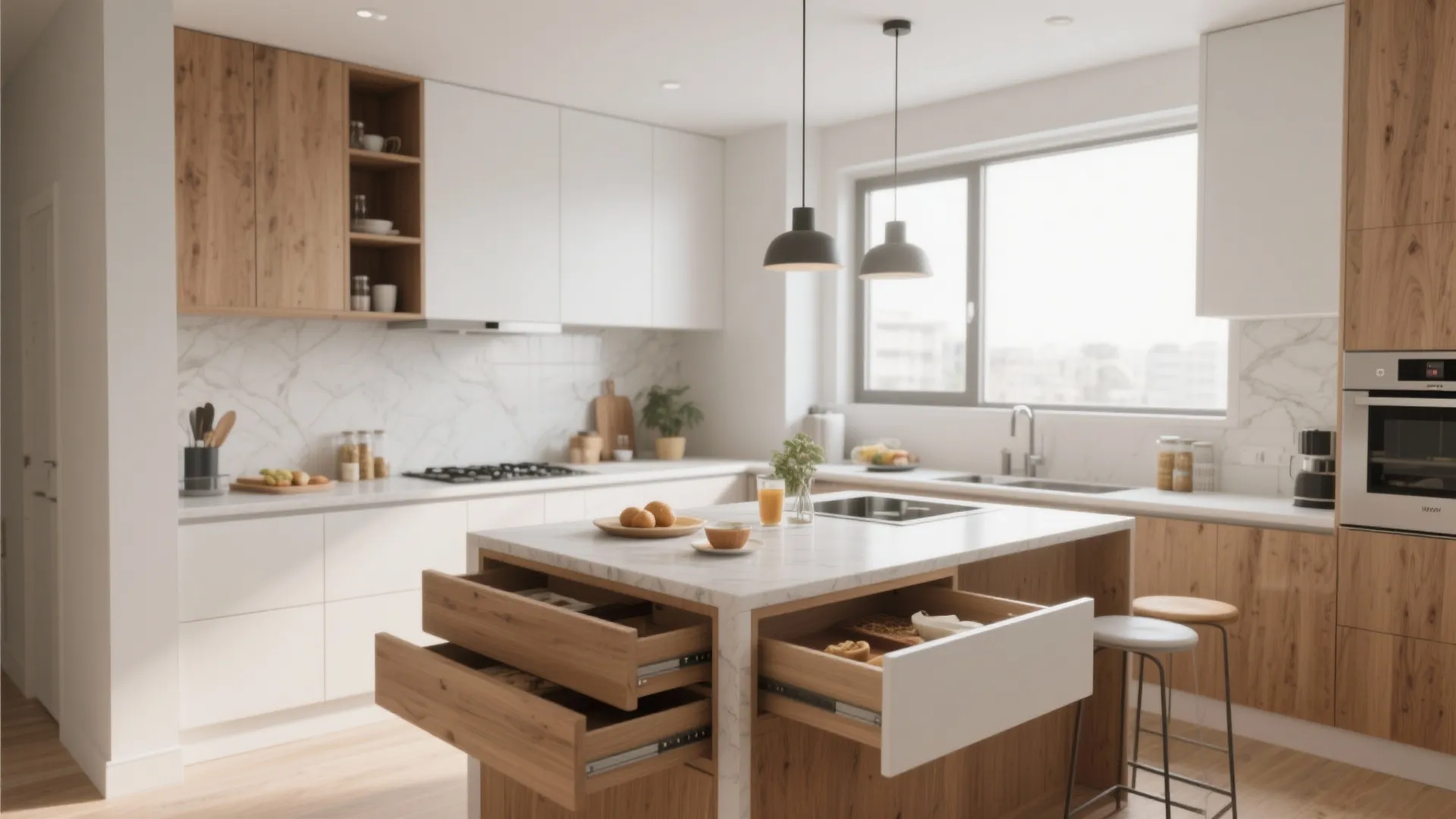 Modern white and wood kitchen featuring marble island with open drawers and black ceiling lights