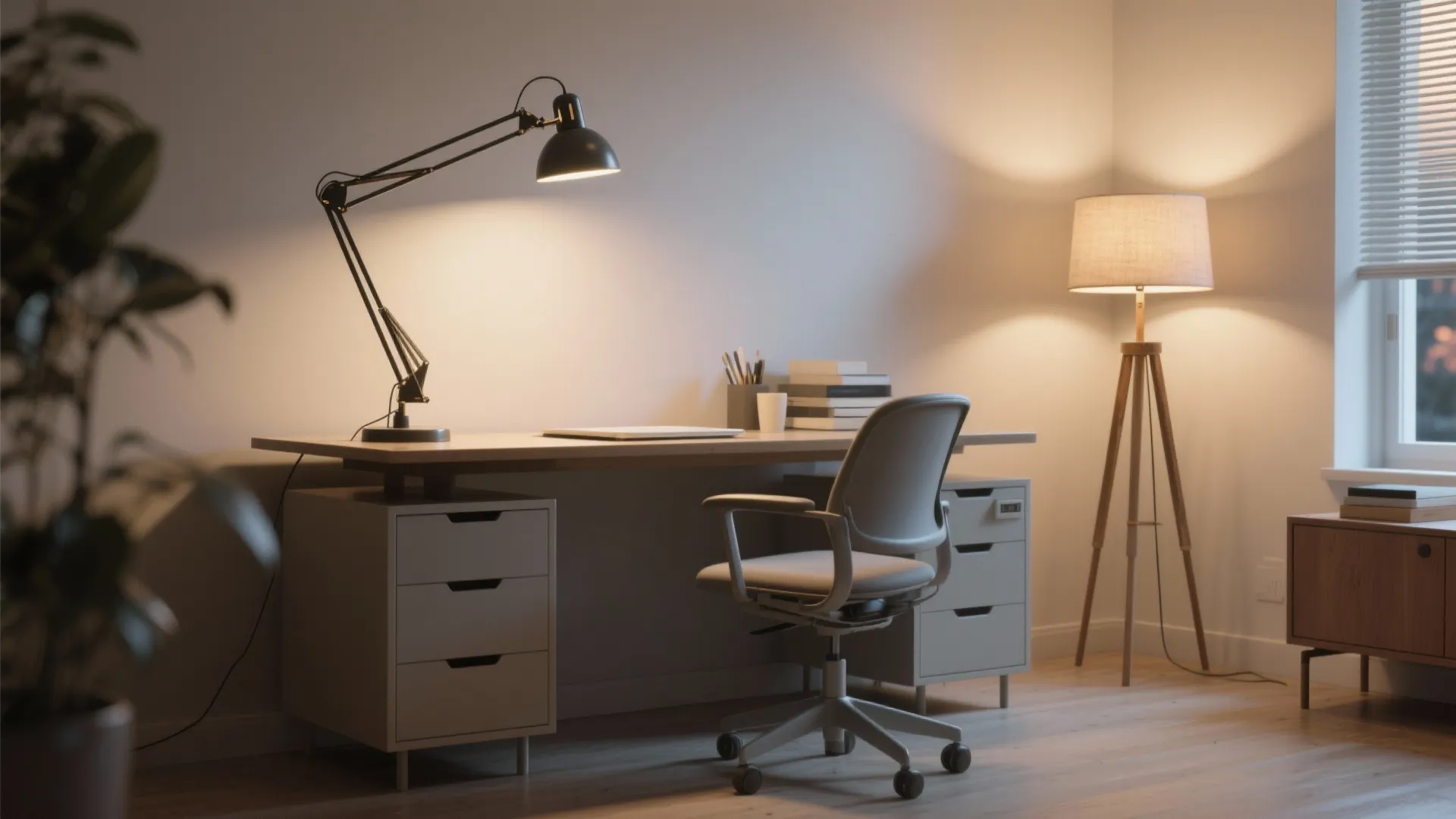 Home office desk with adjustable black lamp grey chair wood floor and tall floor lamp