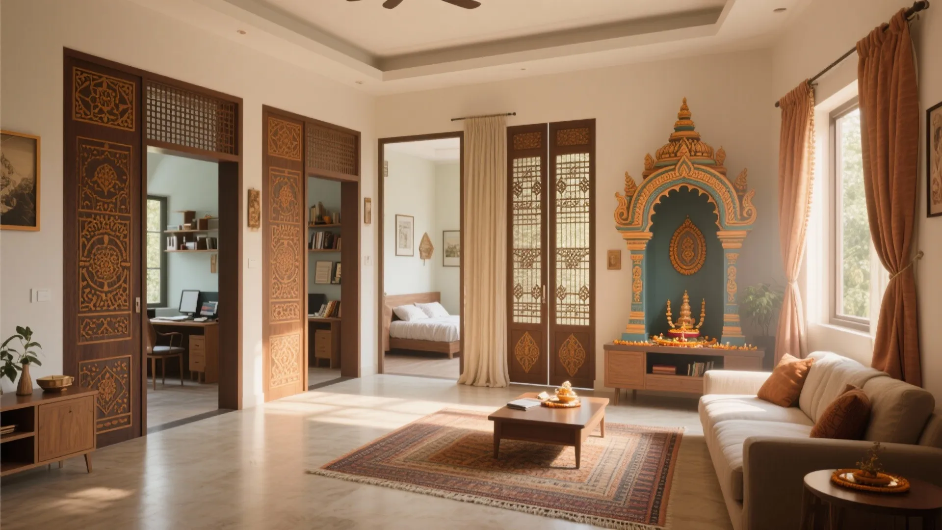 Multi-use Tamil Nadu apartment hall with temple-inspired sliding partitions