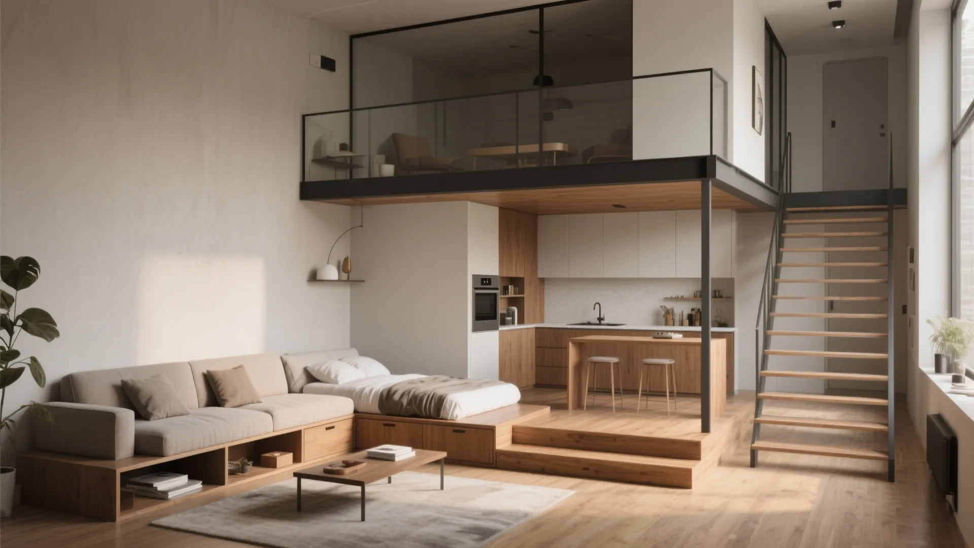 Multi-use loft with a low convertible daybed and perpendicular kitchenette maximizing privacy and flow.