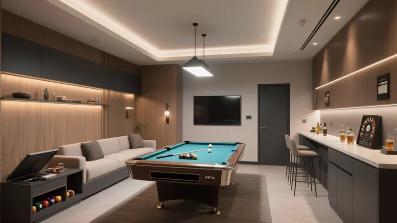 Modern Entertainment Room with Pool Table & Bar Setup