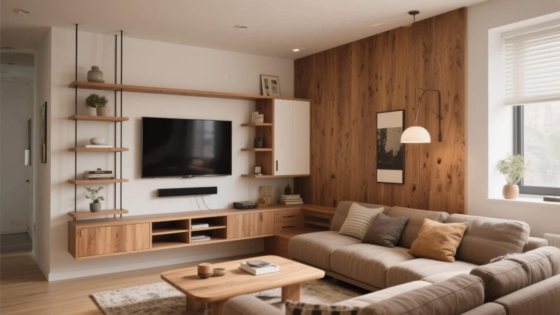 Living room with wooden wall paneling and television surrounded by shelves and a brown sofa