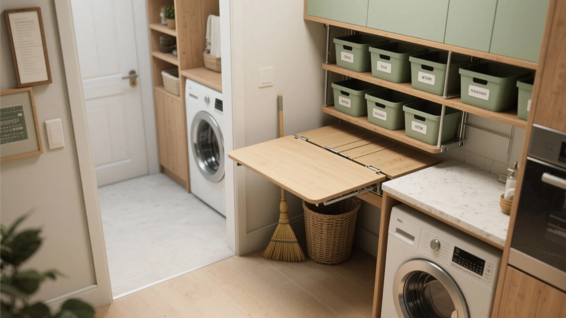 Top-down view of a multi-use laundry nook with open shelves, labeled storage bins and a wall-mounted drop-leaf folding table.