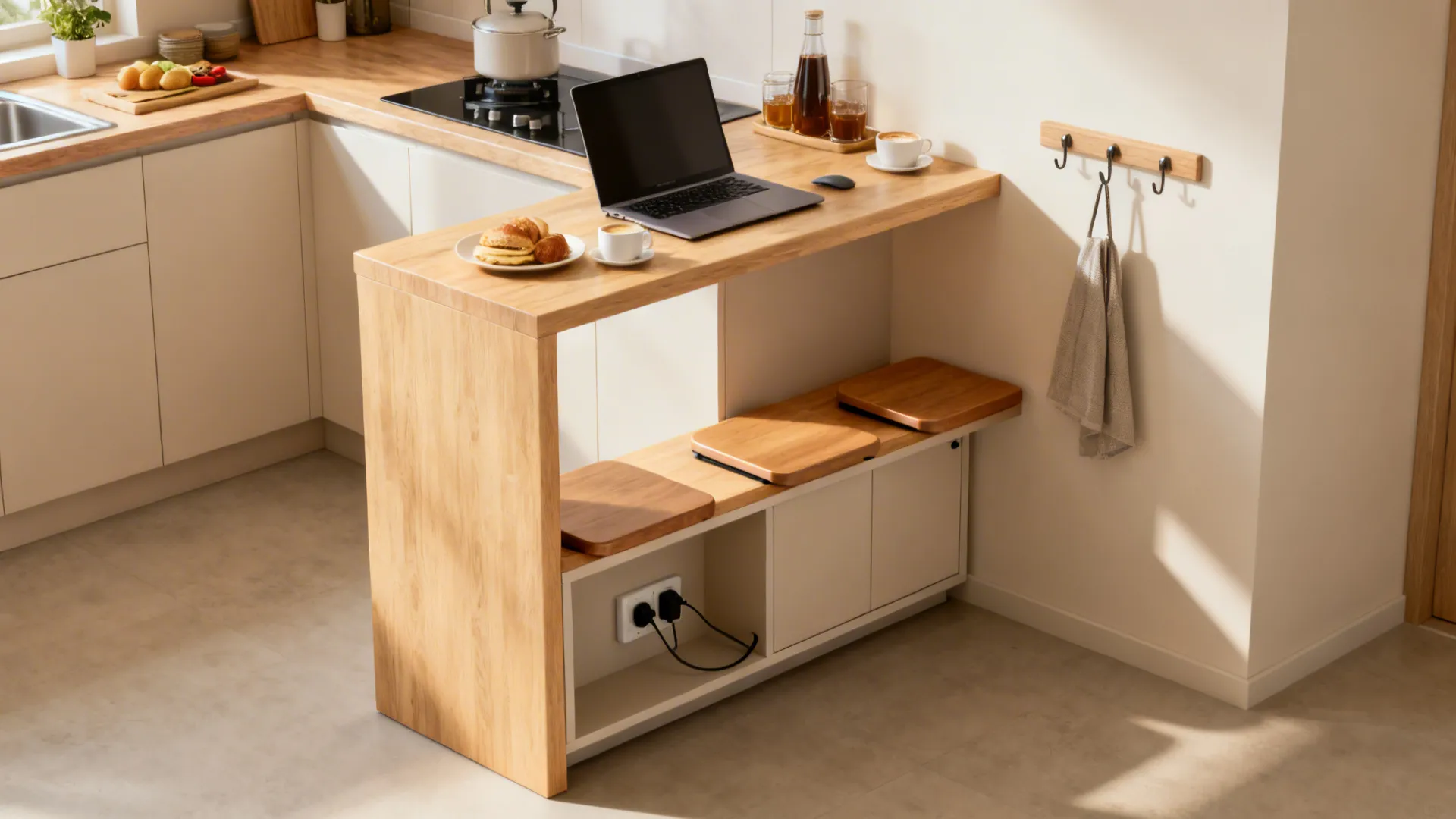 Compact kitchen with a light oak cantilevered ledge, fold-flat stools, and integrated power.