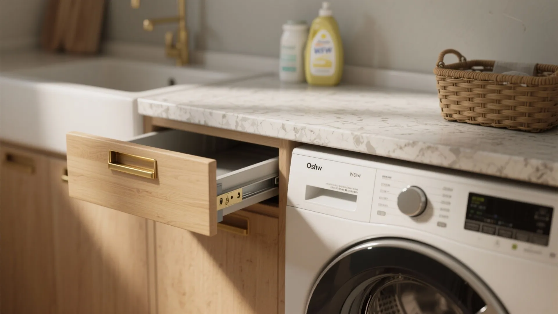 Modern kitchen with marble countertop white washing machine wooden cabinet open drawer and small woven basket