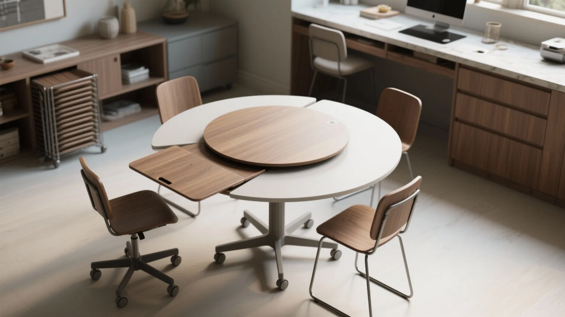 5. Multi-use round table: dining, desk, prep station