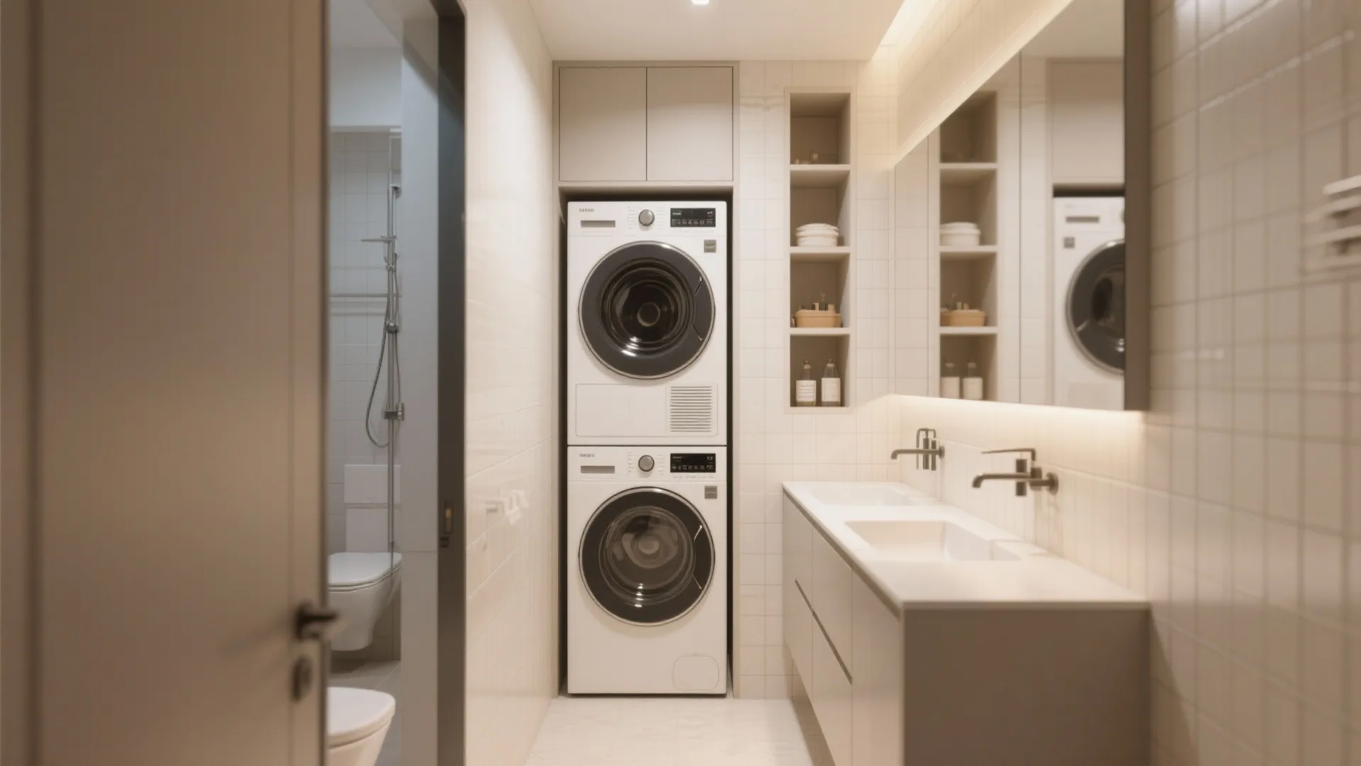 5. Make multi-purpose zones (laundry, storage, vanity)