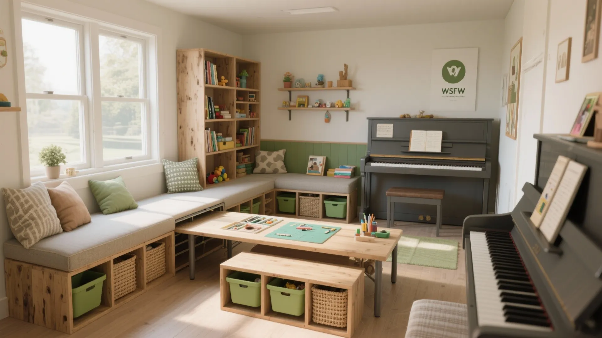 Multi functional room with wooden bookshelves a window bench grey piano and wooden activity table