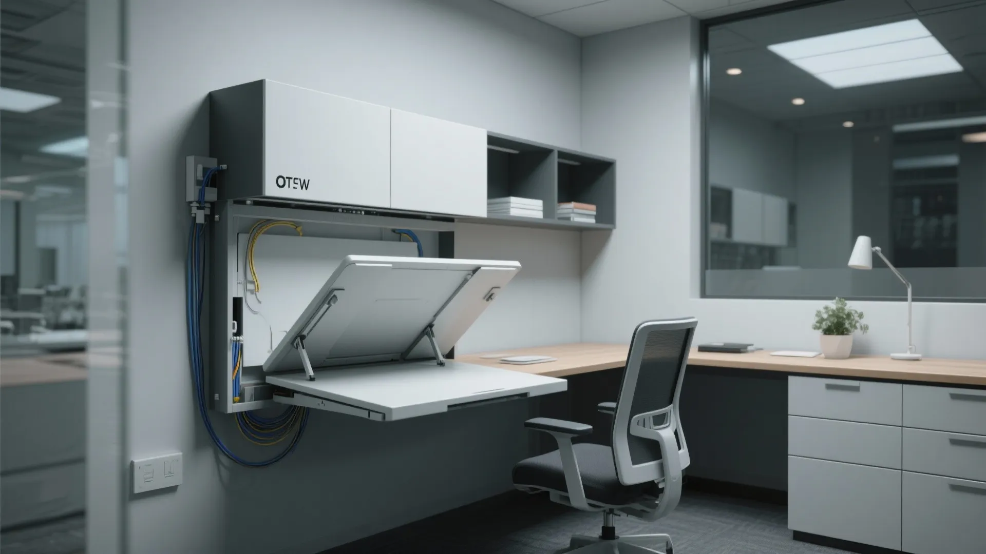 Modern office workspace featuring a white wall cabinet with a fold down desk and chair