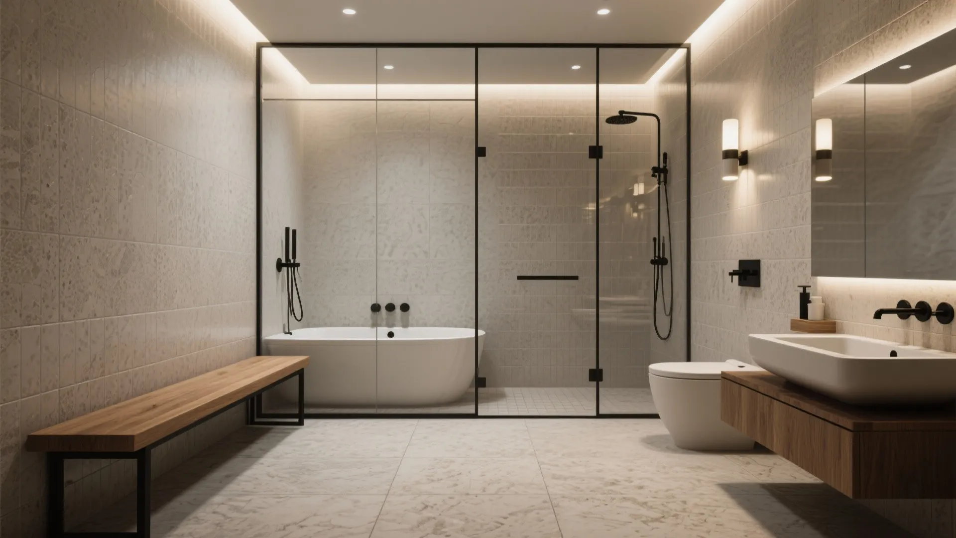 Spacious luxury bathroom featuring glass shower area bathtub wooden bench white toilet and large sink vanity