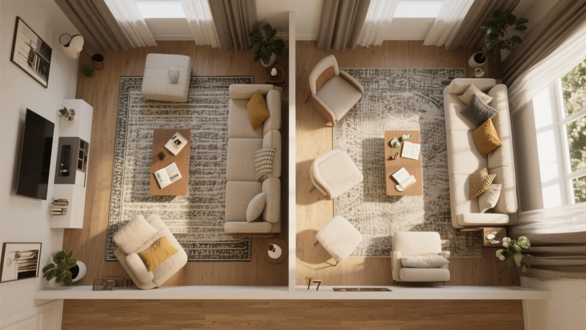 Top view of two living room layouts with sofas rugs coffee tables and wood floors