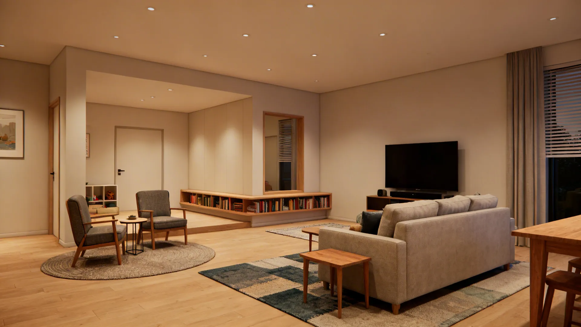 Multi-zone living room with a TV area and a separate conversation nook divided by rugs and low bookshelf