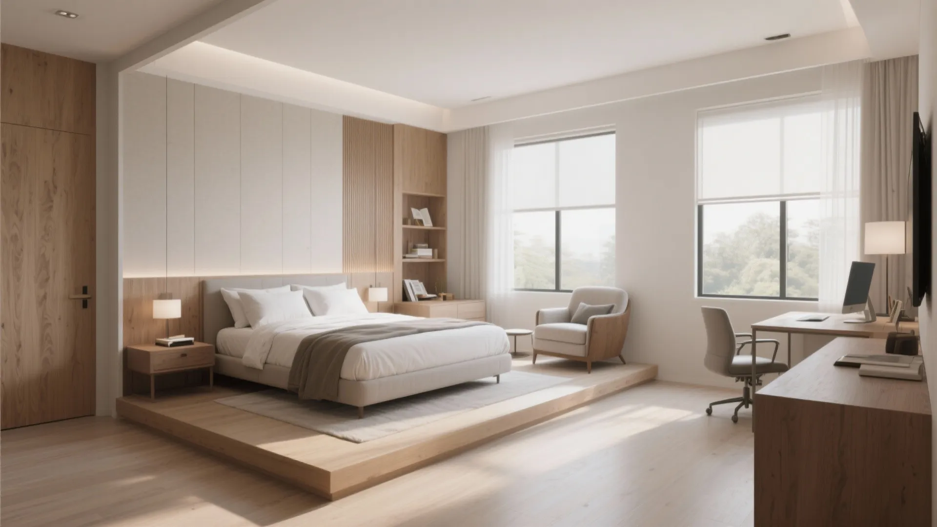 Spacious bedroom layout with a wooden platform bed plus a home office desk and chair