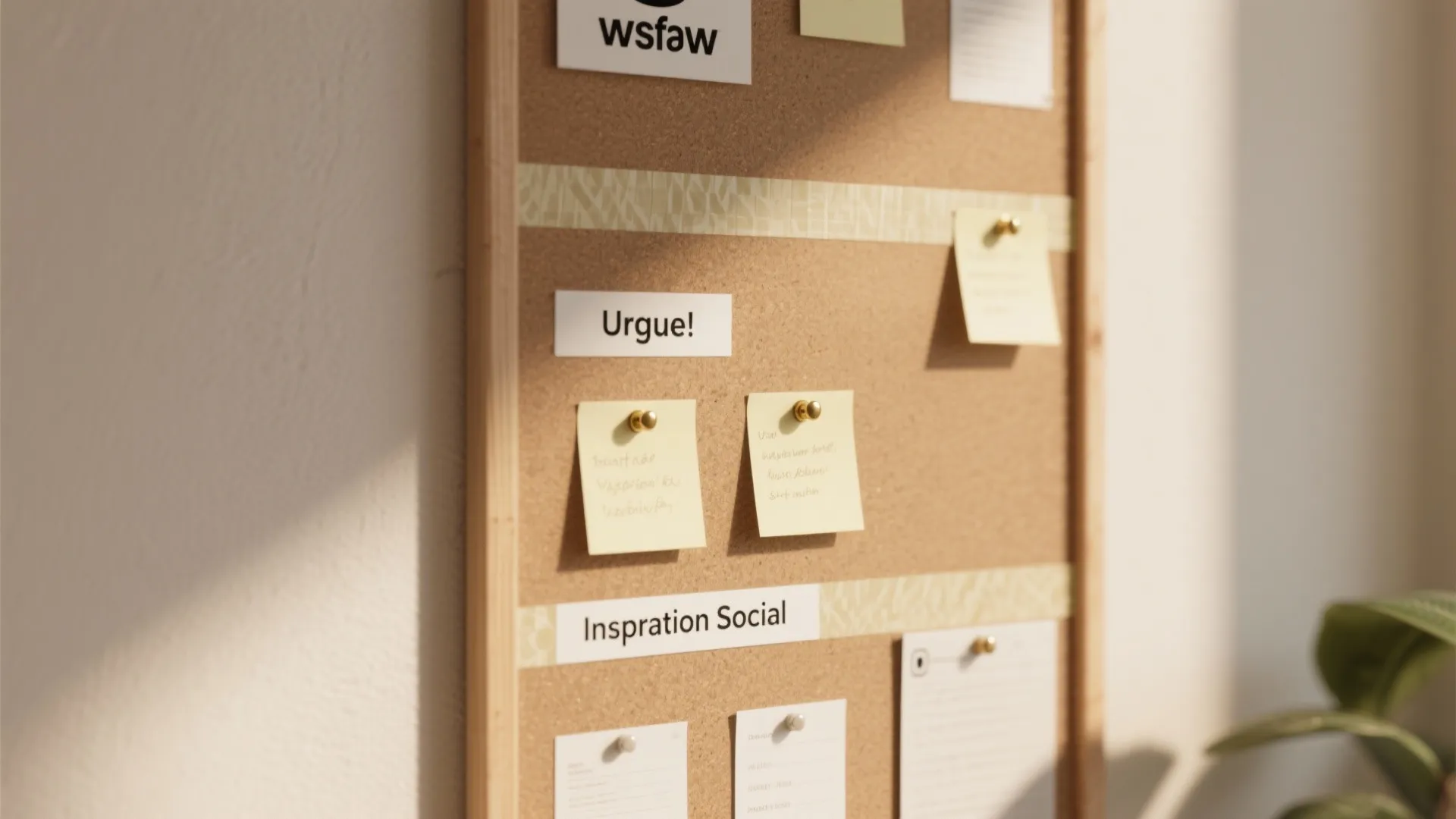 Close up of cork board with paper notes and pinned labels in a home office