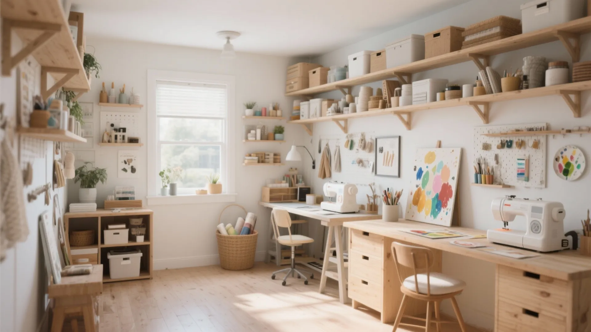 Bright craft room with sewing machine wooden desks open shelving storage and natural window light indoor