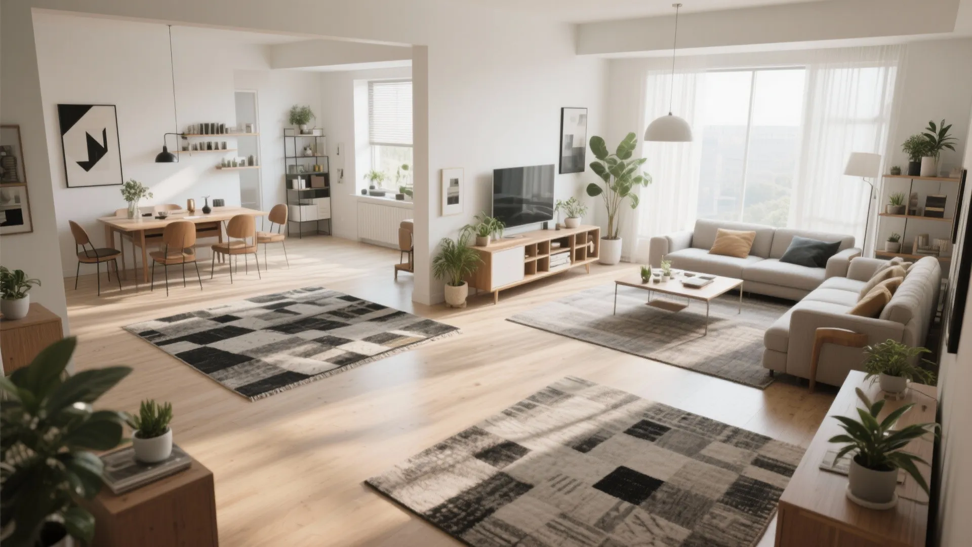 Large open plan room layout with dining area living zone grey sofas and patterned rugs