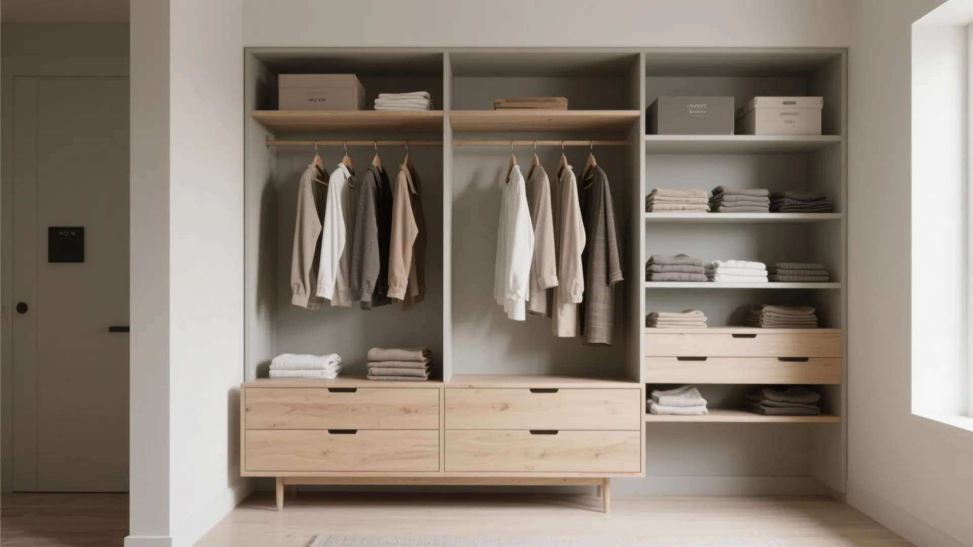 Low dresser integrated with open shelves and a rail above, organized capsule wardrobe in a small bedroom.
