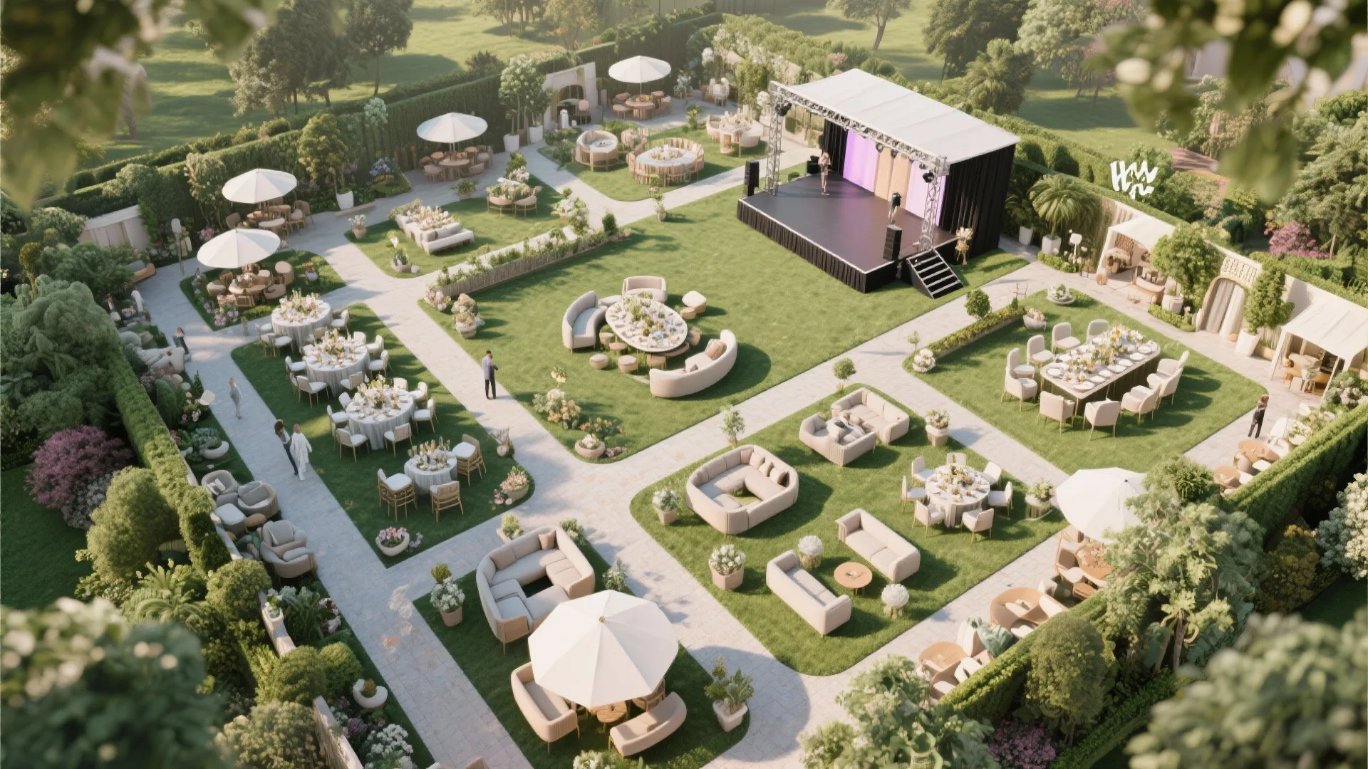 Large outdoor garden layout with multiple seating zones dining tables white umbrellas and performance stage