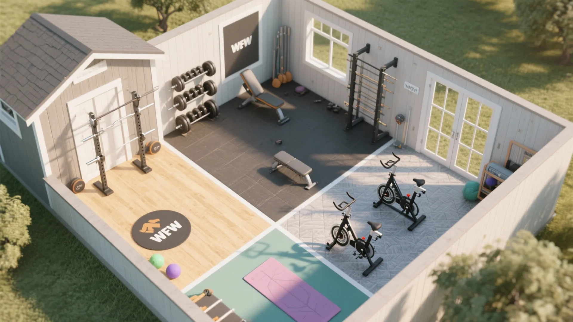 Top-down view of small gym shed divided into strength, cardio, and stretching zones