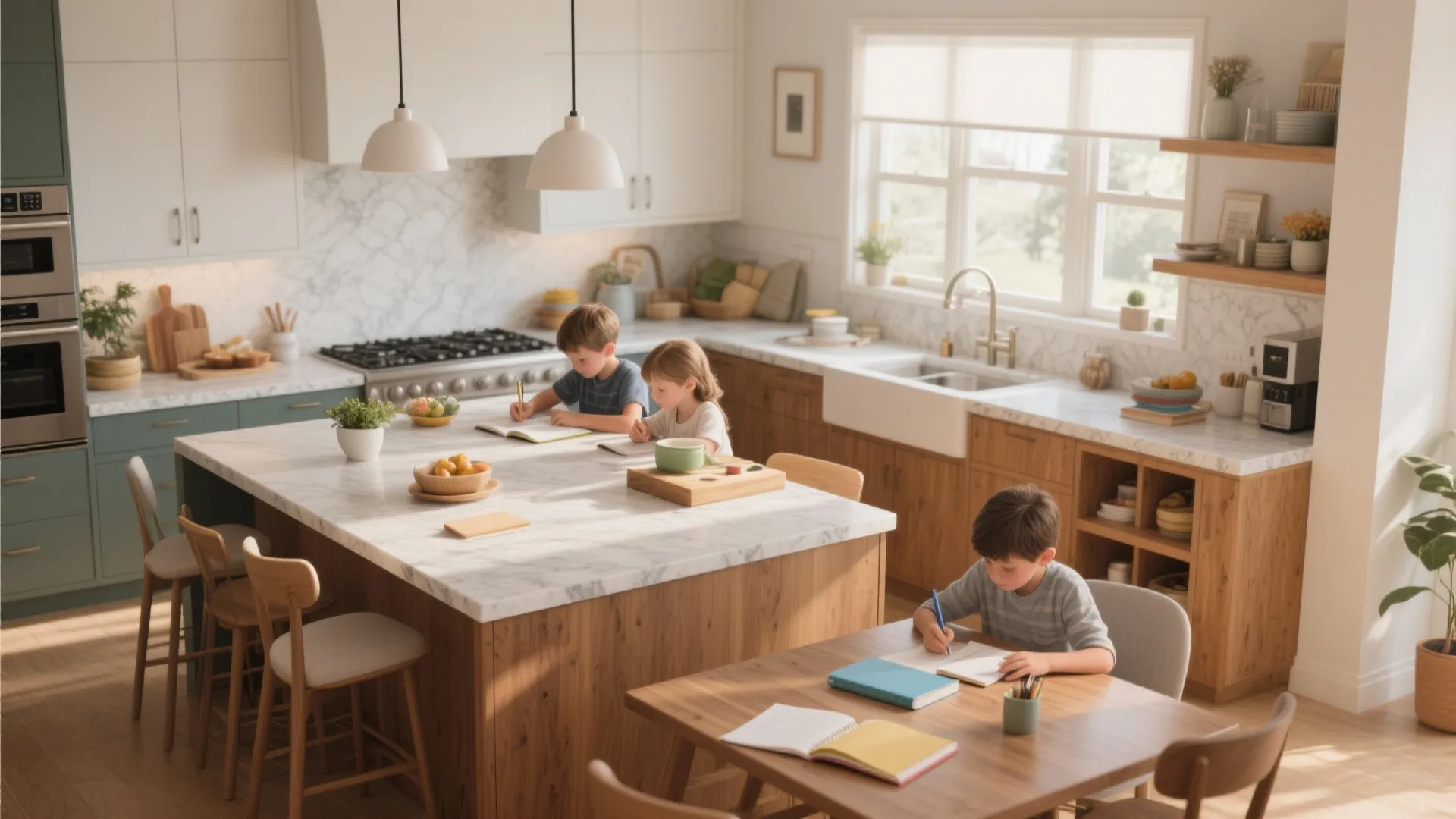 Family-friendly kitchen island with layered surfaces for prep, dining and a homework station, quartz and wood materials.