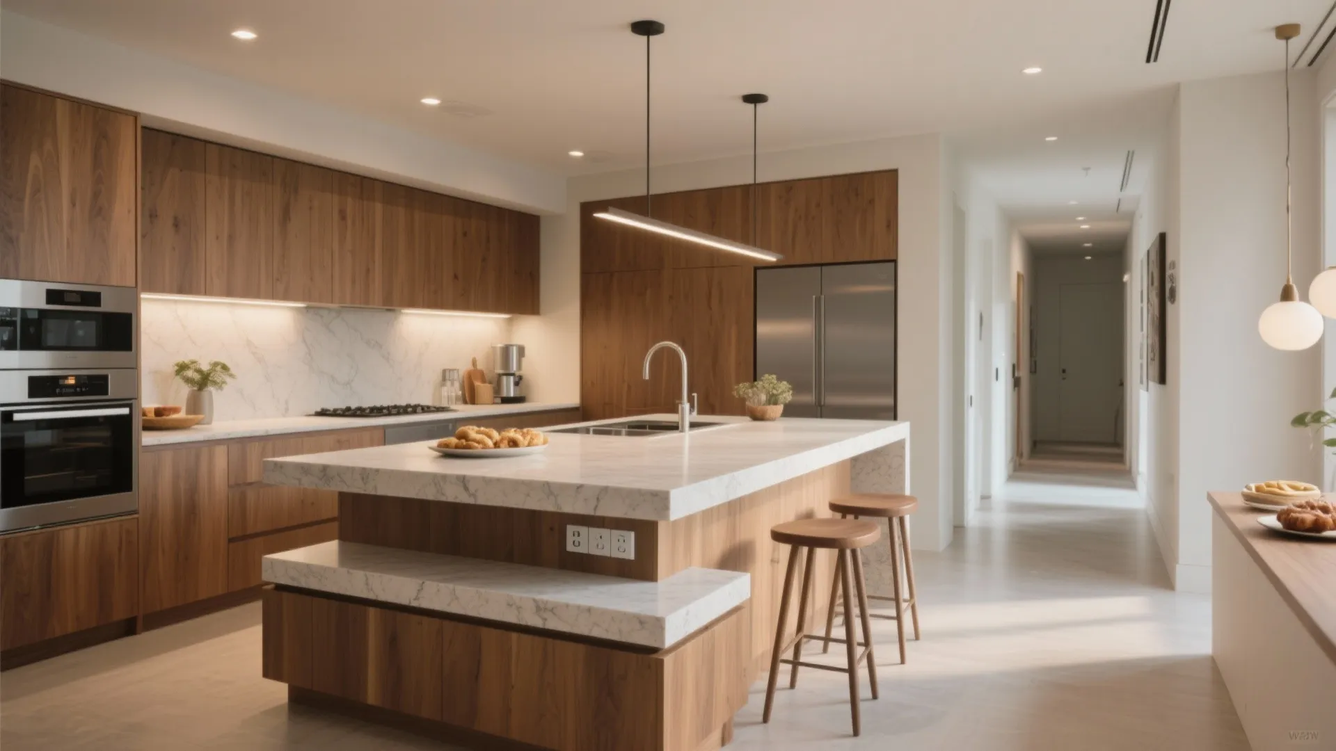 Large marble kitchen island with wood base, wooden stools, hanging light fixture, and wood cabinets