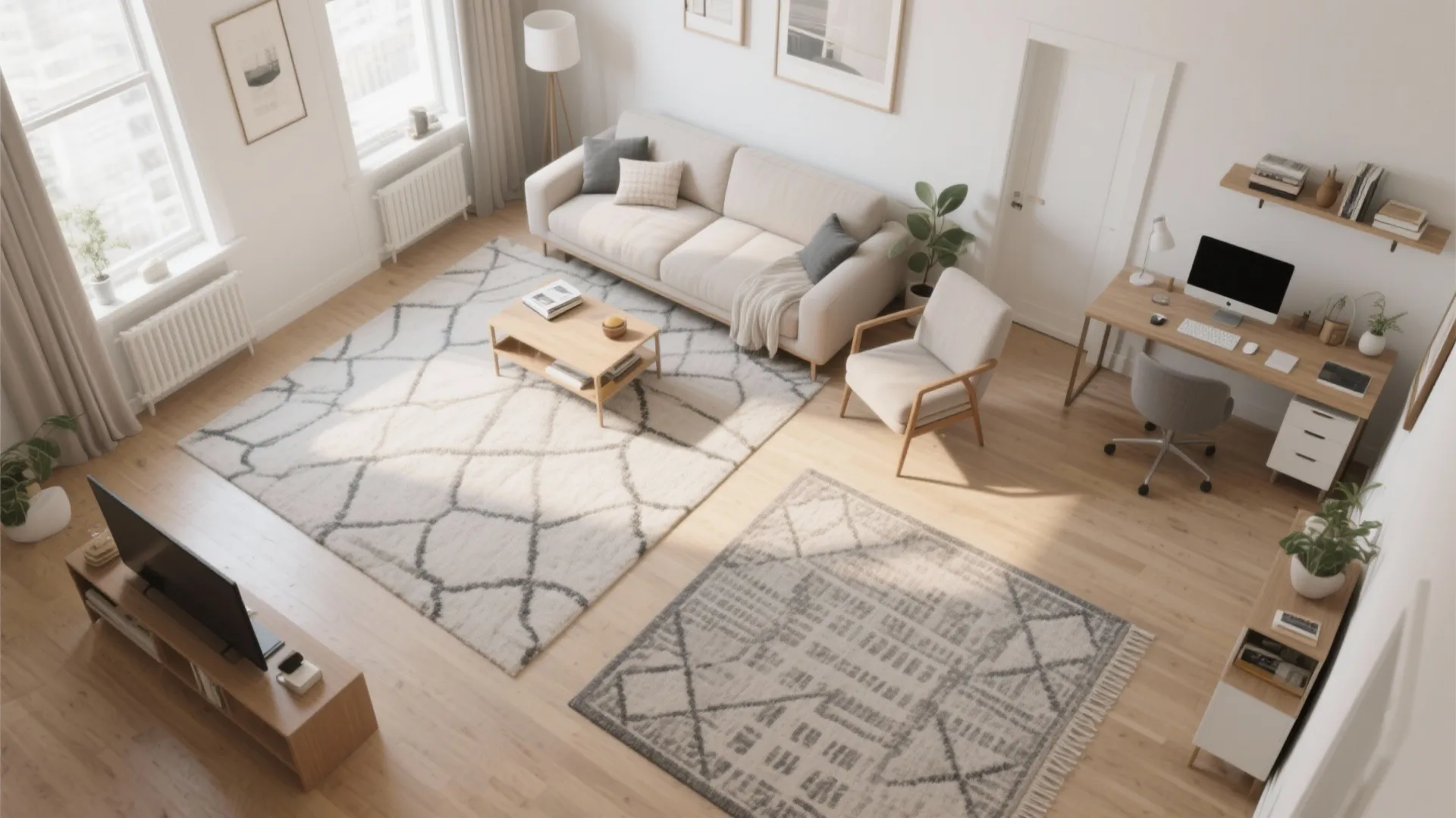Top view of living room layout featuring sofa armchair wooden desk and two patterned rugs