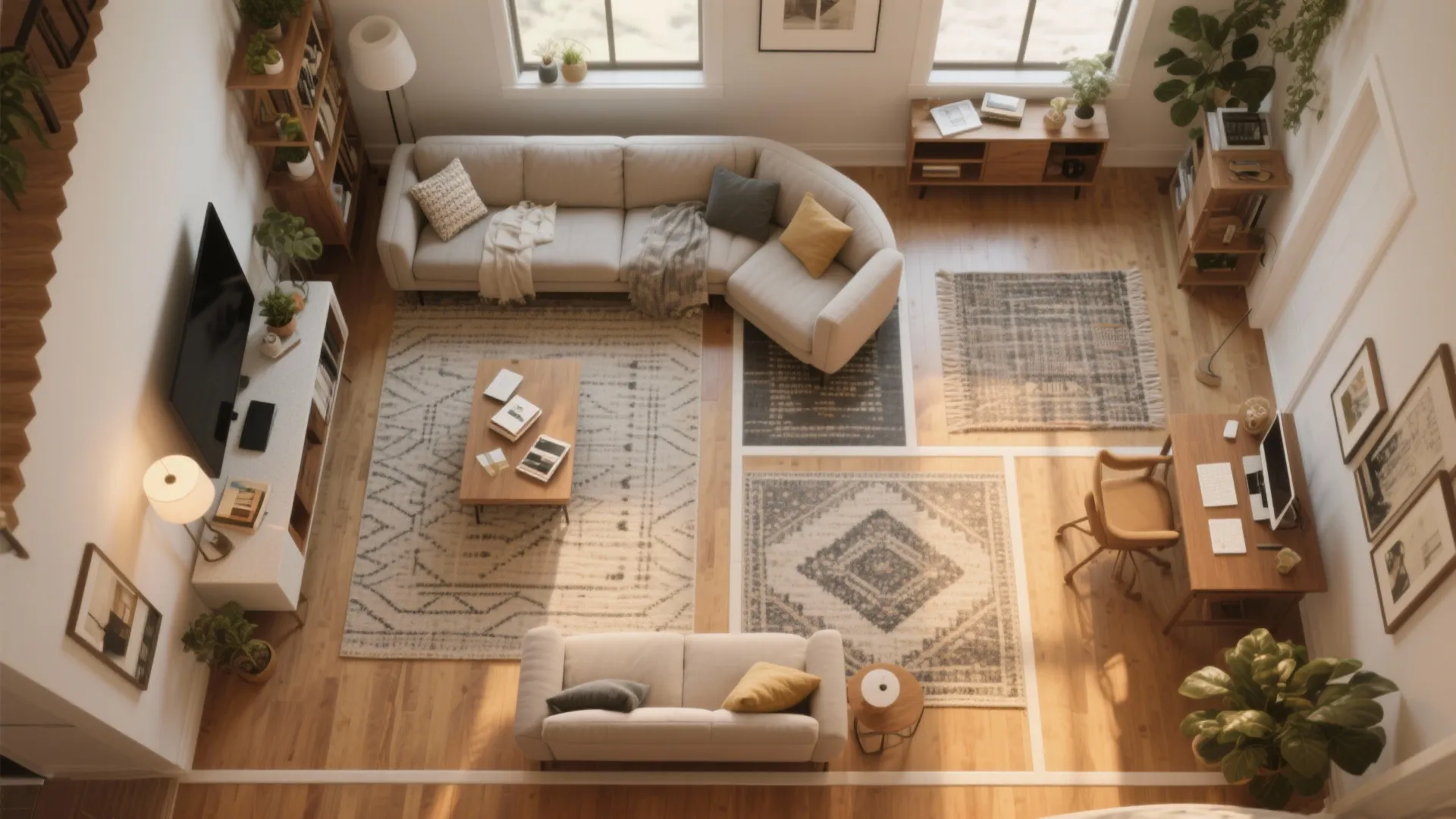 Living room divided into multiple functional zones