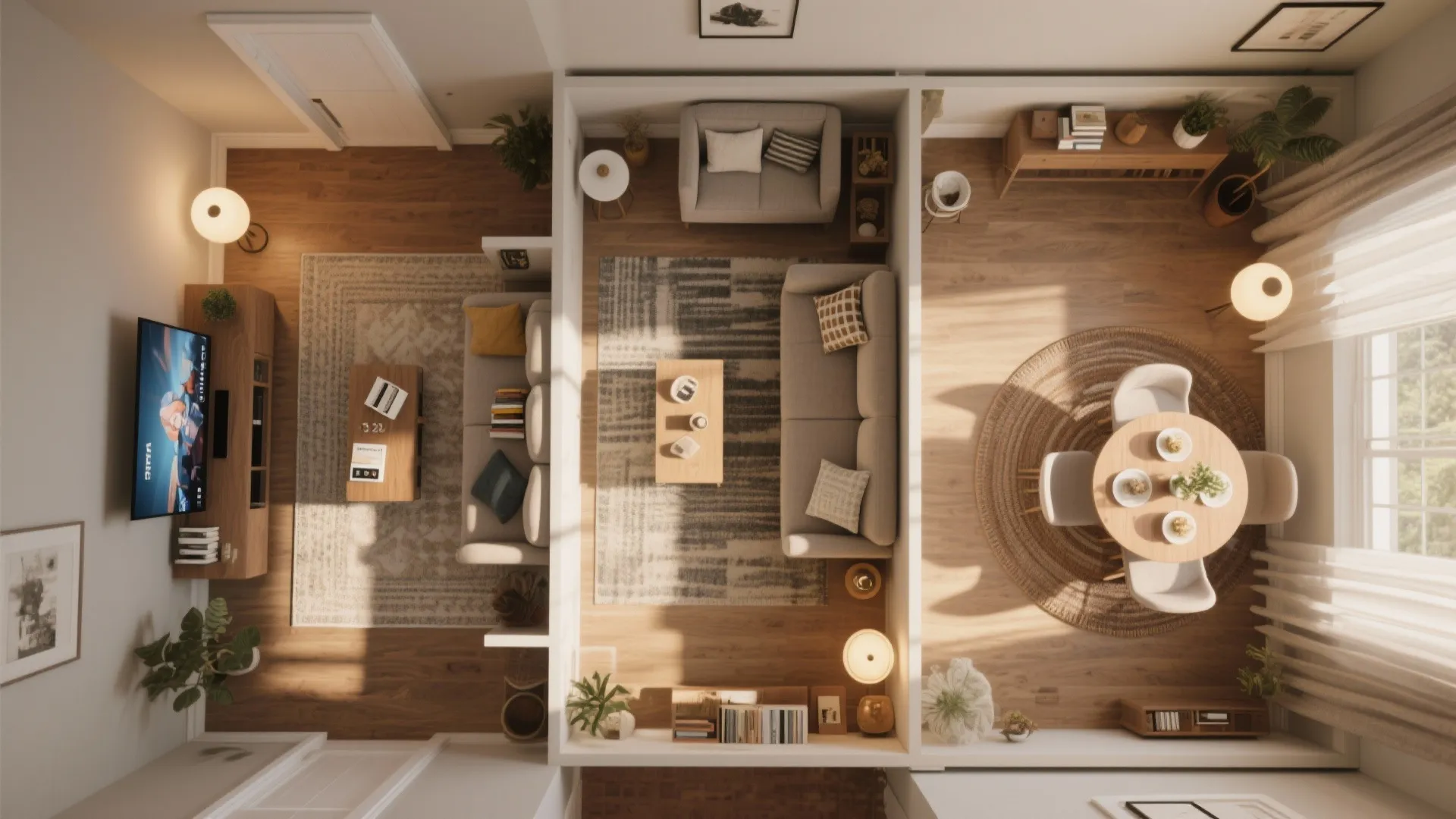 Top down interior design drawing showing a living room, dining area, and small office layout