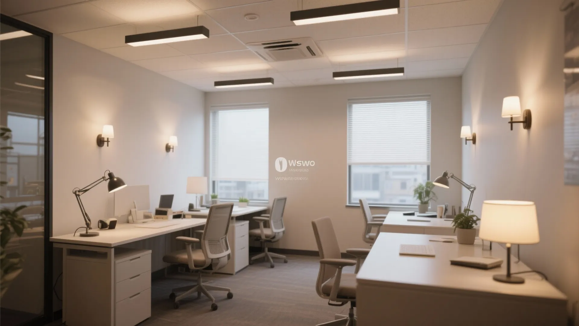 Bright office room with several desk lamps and wall lights providing warm light for workers