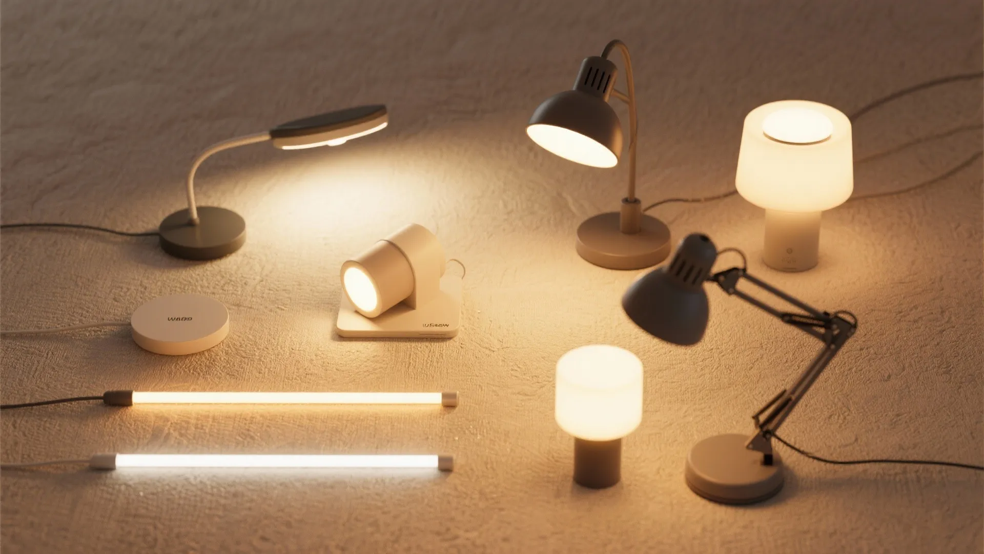 Various modern desk lamps and table lights glowing with warm light on a light grey surface