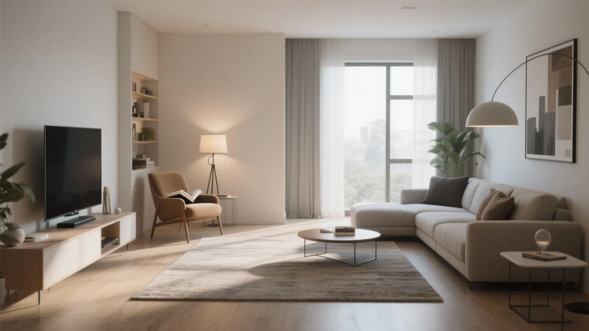 Spacious living room featuring white sofa tan armchair television stand floor light and round table