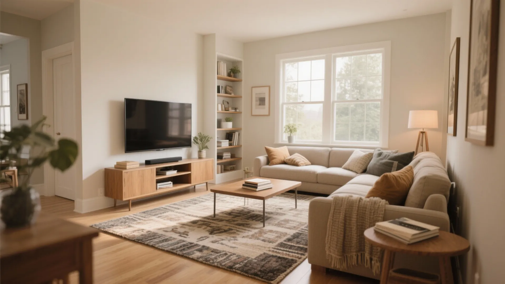 Cozy living room with beige sectional sofa wooden television stand bookshelf large window and rug