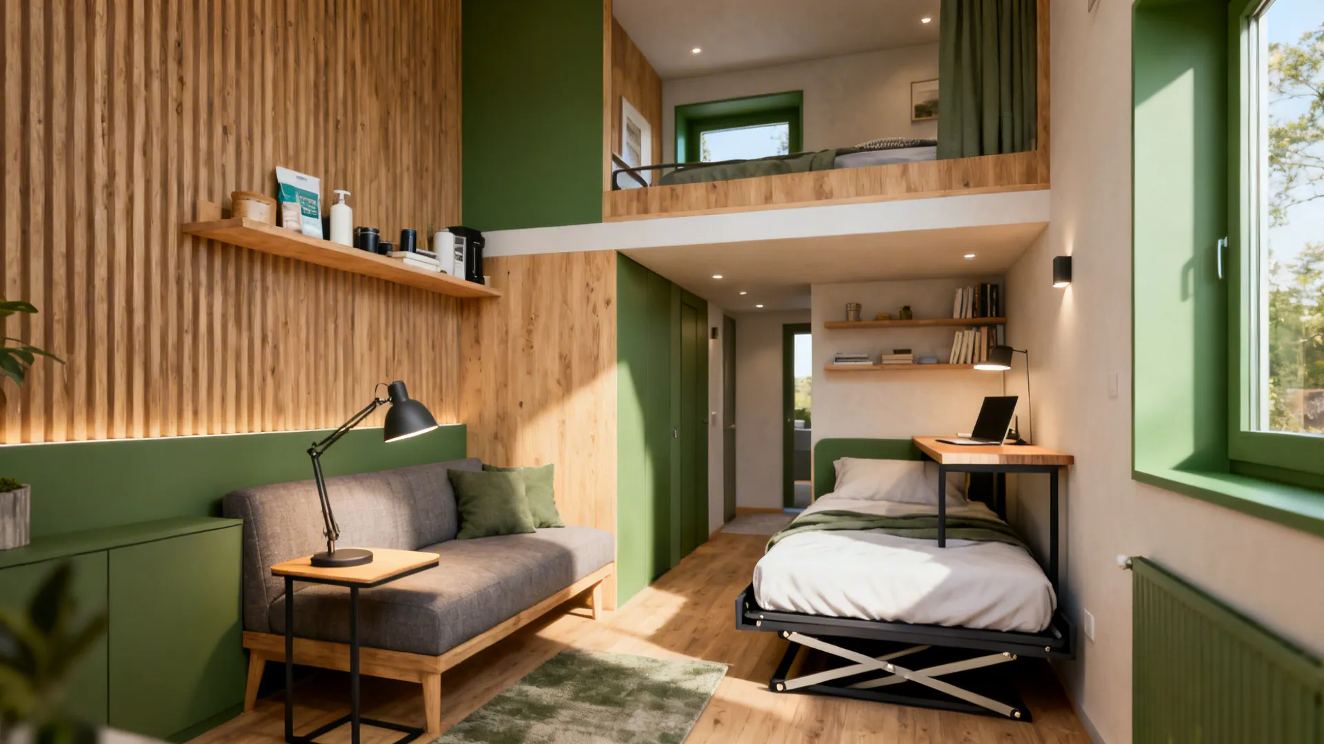 Modern small apartment with green walls grey sofa desk and bed on the upper level