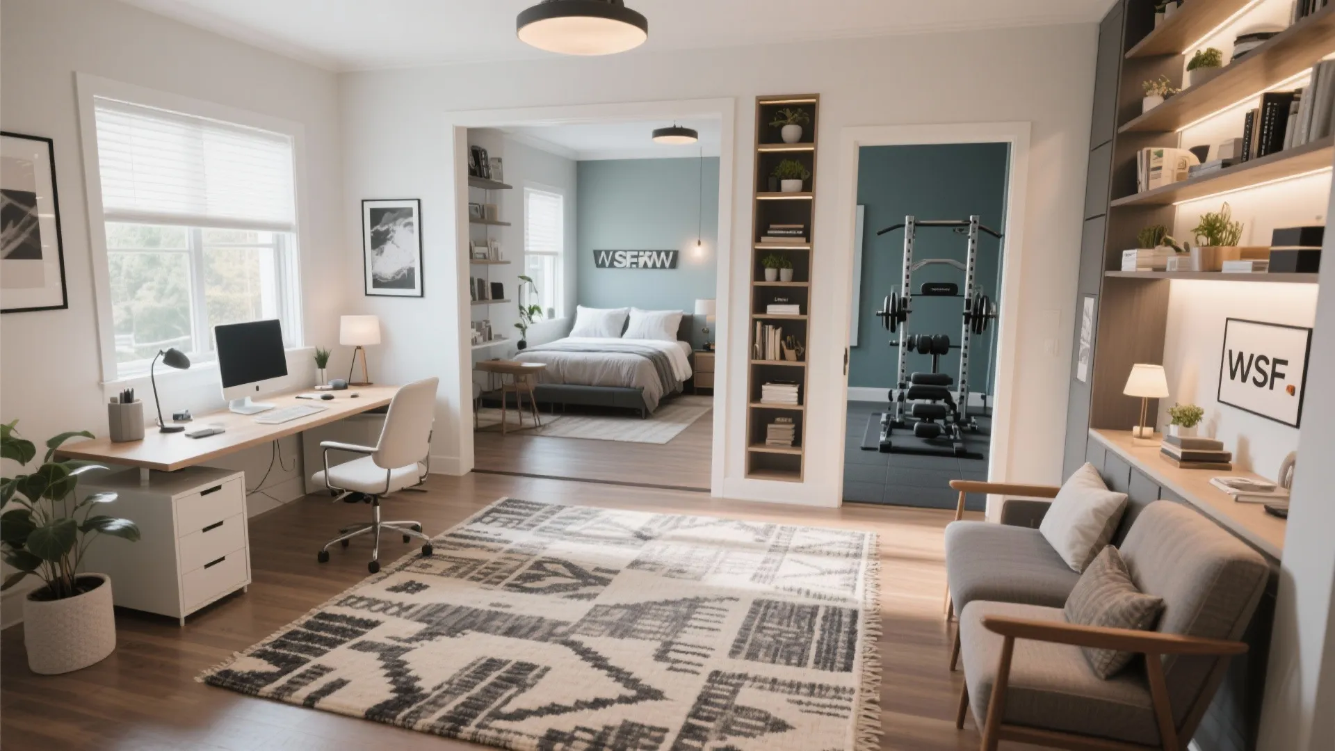 Multi zone room layout showing desk with chair bedroom area and home gym in separate spaces