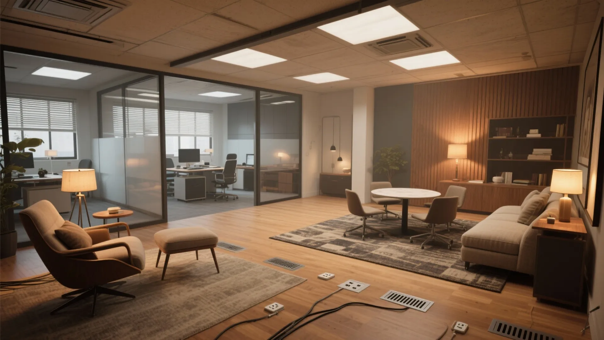 Modern office layout with lounge area featuring a sofa plus footrest and a glass wall